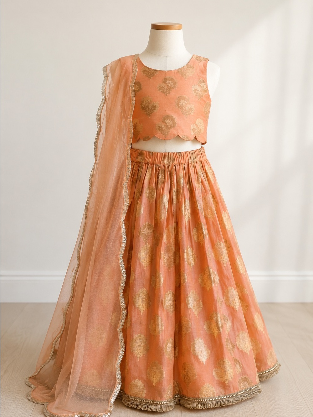 Girls Peach and Gold Lehenga Choli Indian Outfit